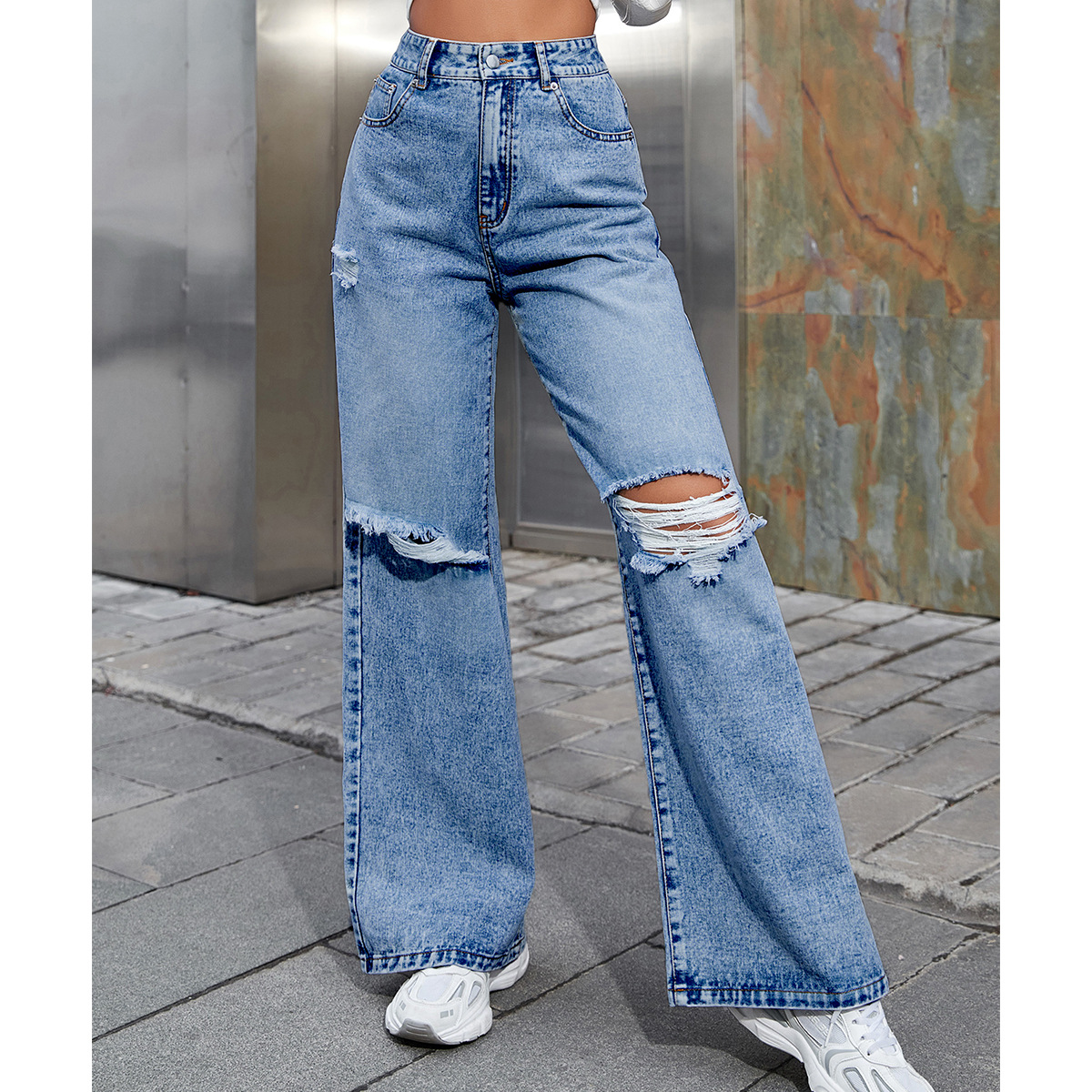 High Waisted Loose Double Knee Ripped Jeans Raw Edge Straight Trousers