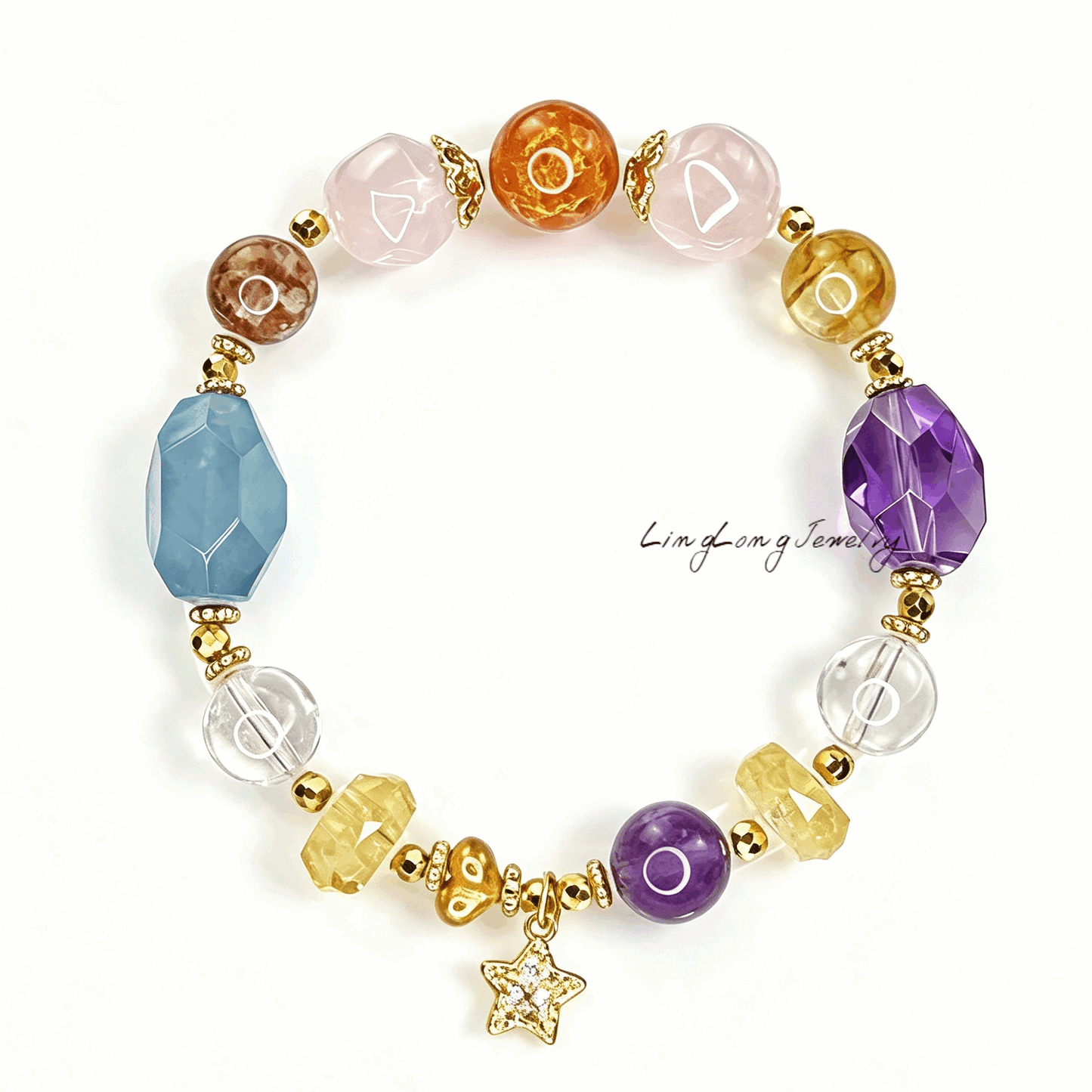 Natural Multi‑Gem Crystal Bracelet | Heritage Gold‑Wire Lacquer Bead Mother‑of‑Pearl Opal, S925 Silver Plated Real Gold Moissanite Beaded Bracelet for Women Gift