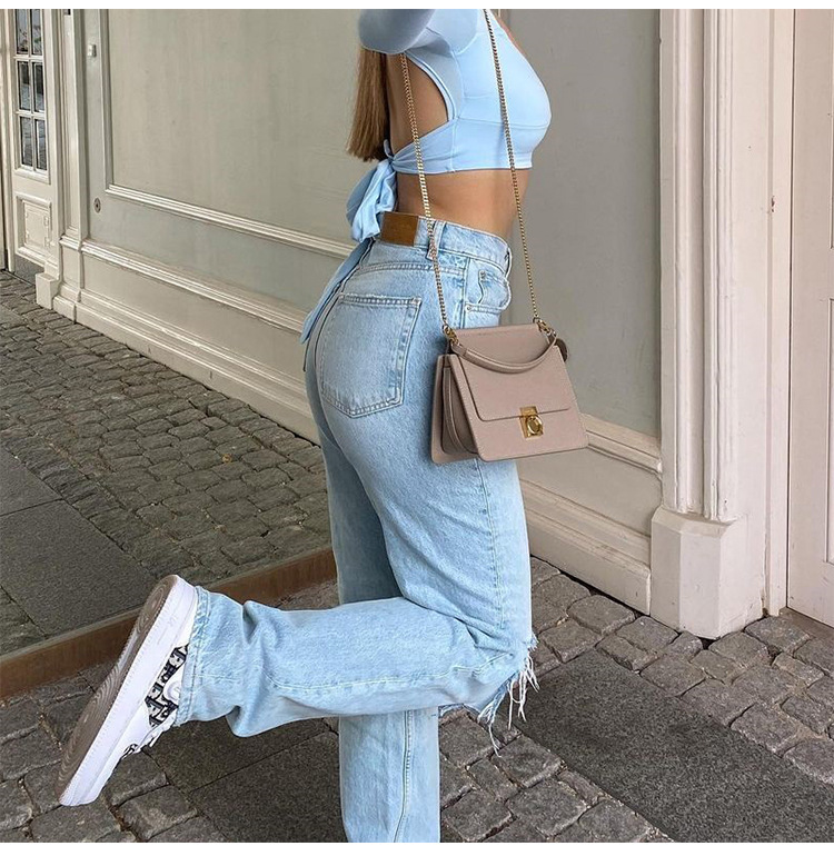 High Waisted Loose Double Knee Ripped Jeans Raw Edge Straight Trousers