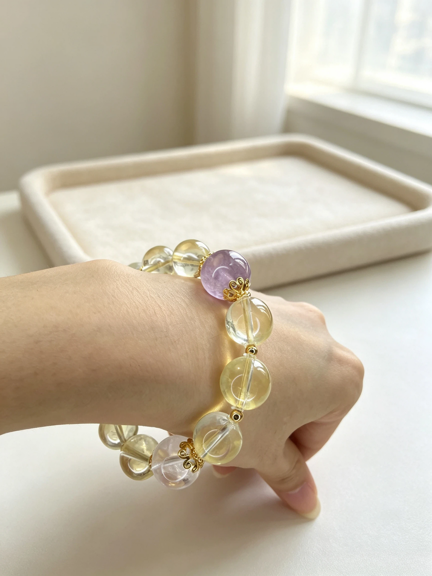 Luxury Natural Citrine Bracelet with Lavender Amethyst & Crystal Beads | Eastern Inspired Gemstone Jewelry