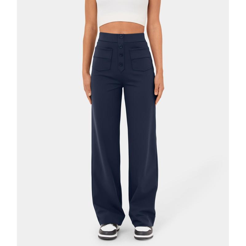 High Waisted Button Multiple Pockets Straight Leg Casual Pants