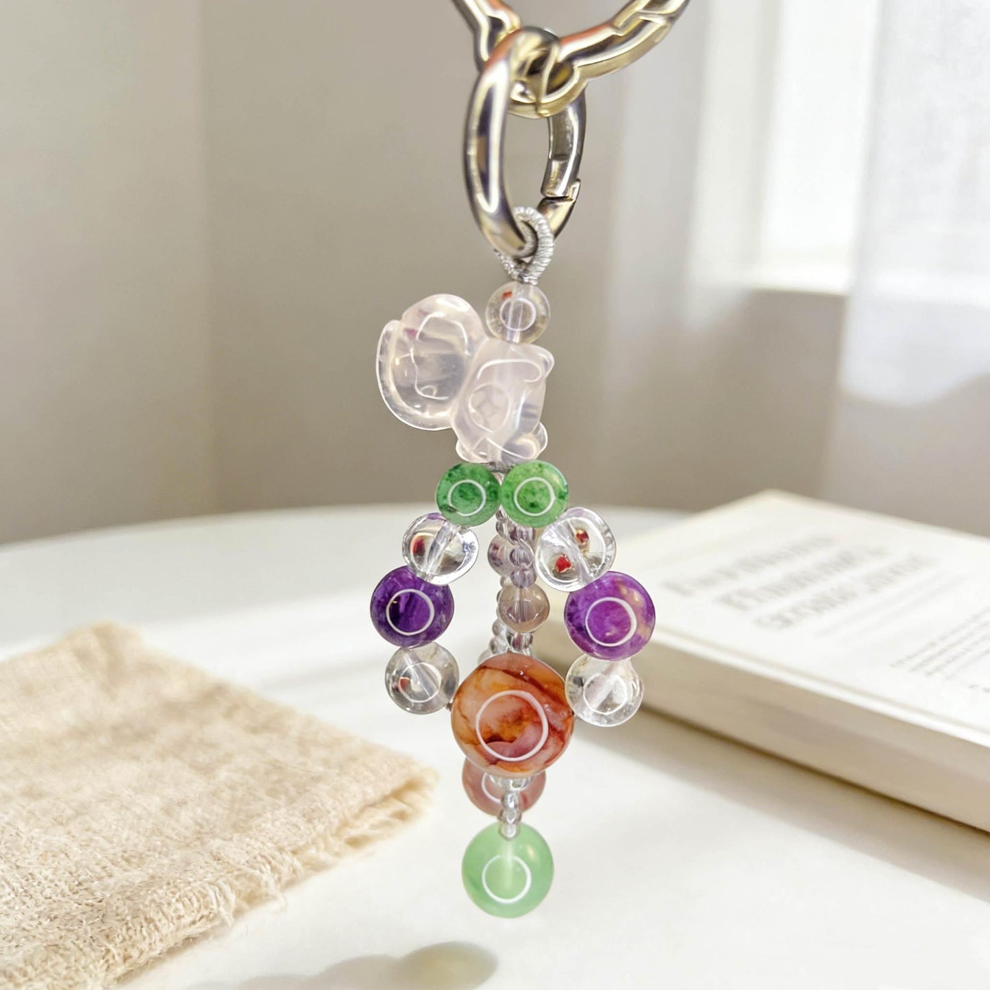 Natural Mixed Crystal Plum Blossom Keychain, Handmade Stone Bag Charm, Aesthetic Healing Crystal Pendant for Purse, Car & Phone Accessory