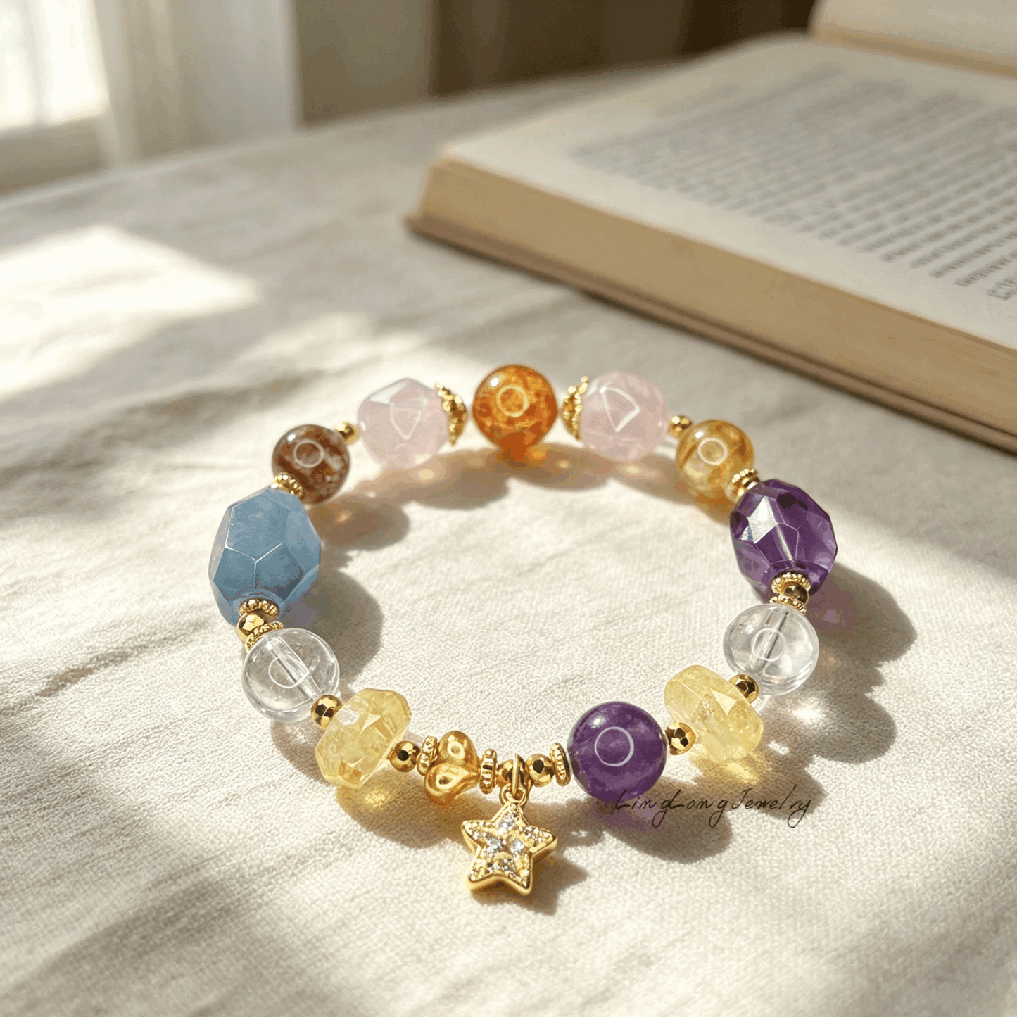 Natural Multi‑Gem Crystal Bracelet | Heritage Gold‑Wire Lacquer Bead Mother‑of‑Pearl Opal, S925 Silver Plated Real Gold Moissanite Beaded Bracelet for Women Gift
