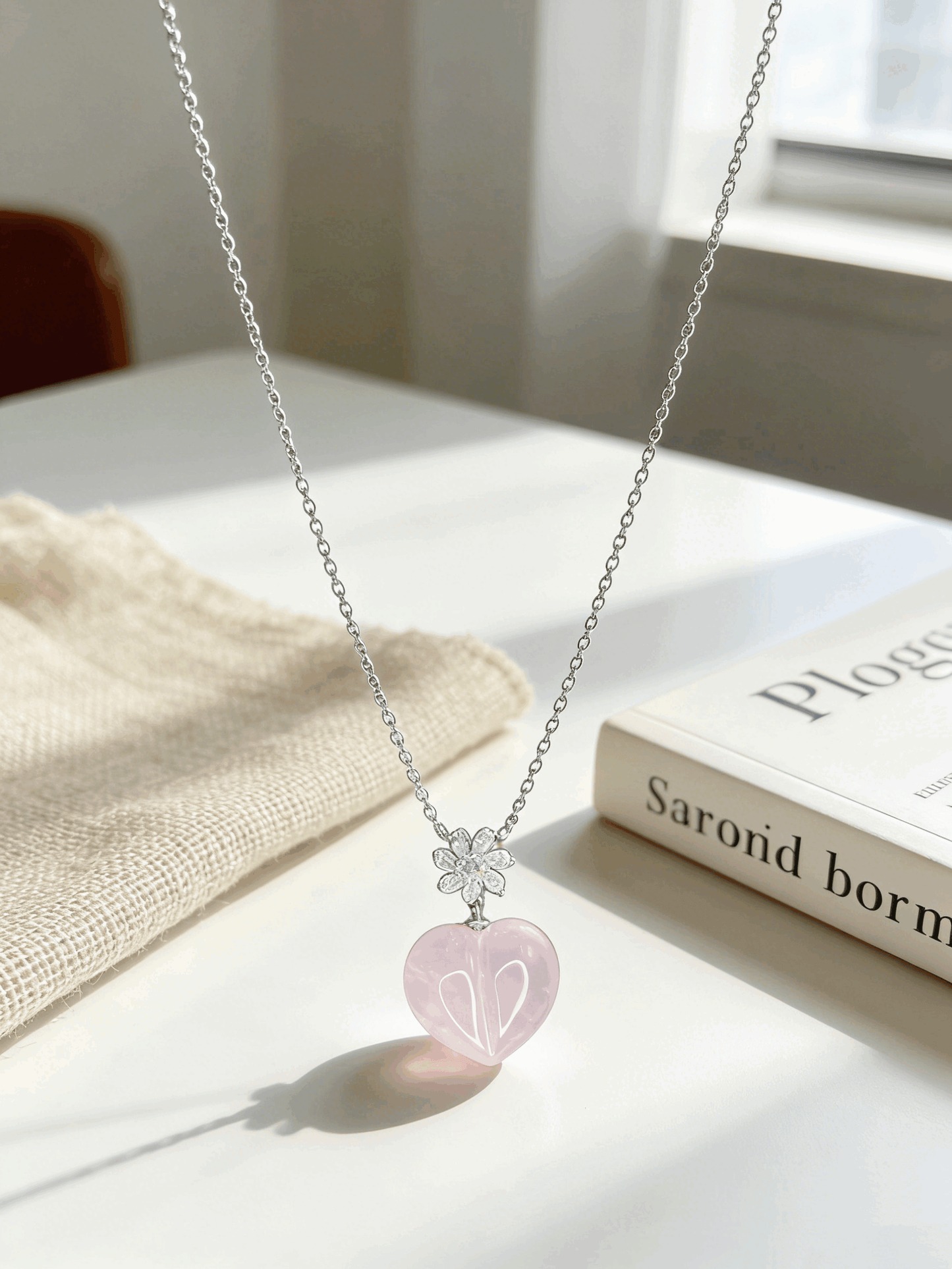 Misty Pink Starlight Natural Rose Quartz Heart Necklace
