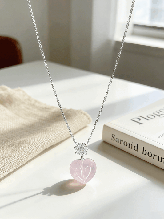 Misty Pink Starlight Natural Rose Quartz Heart Necklace