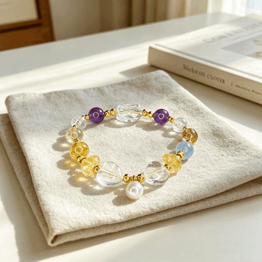 Natural Mixed Crystal Healing Bracelet 8–14mm White Phantom Aquamarine Citrine Jewelry with 18K Gold Clad Silver & Pearls