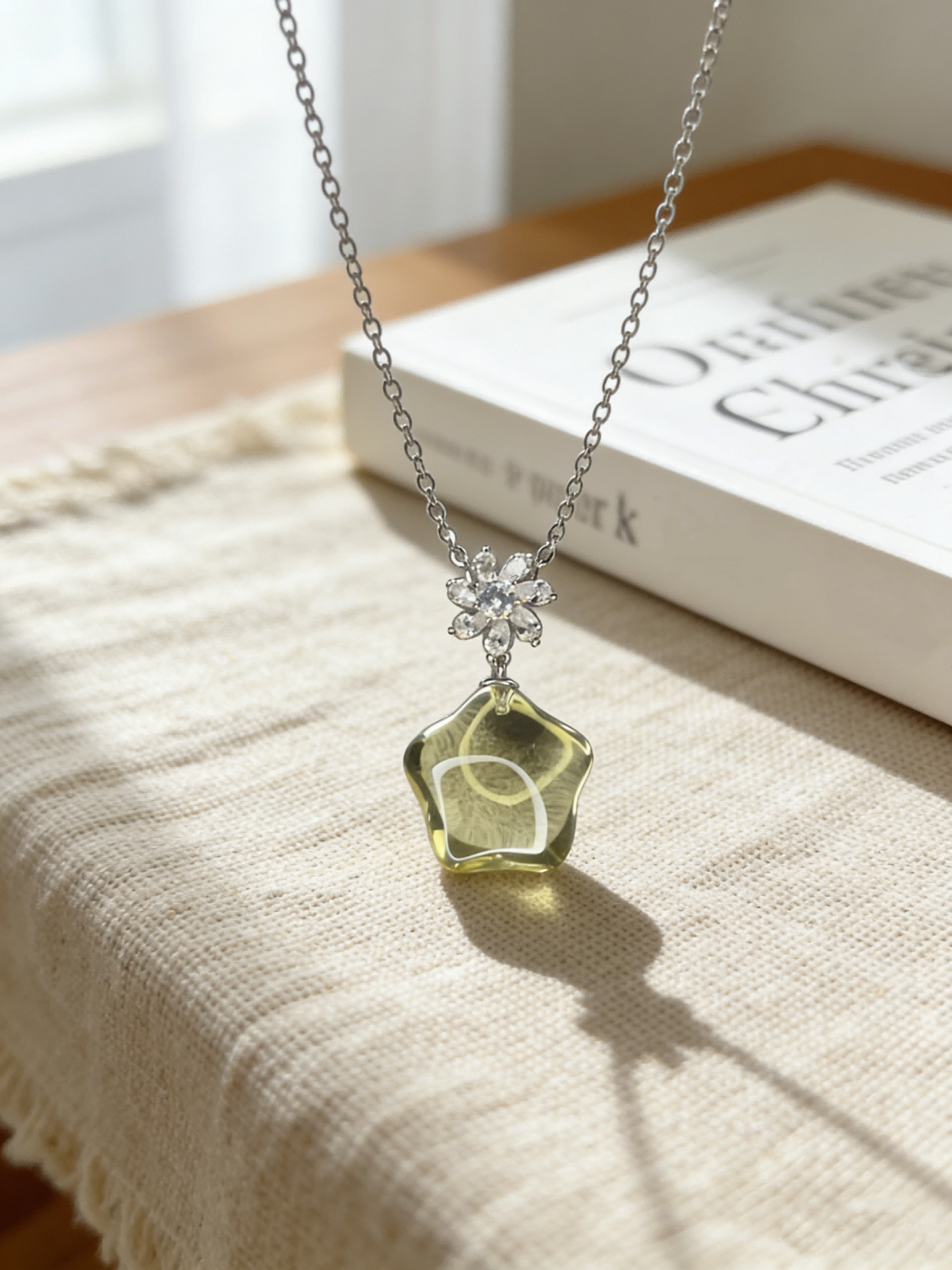 Natural Starlight Citrine Necklace 15mm Star Cut Crystal Pendant Platinum Plated Sterling Silver Jewelry