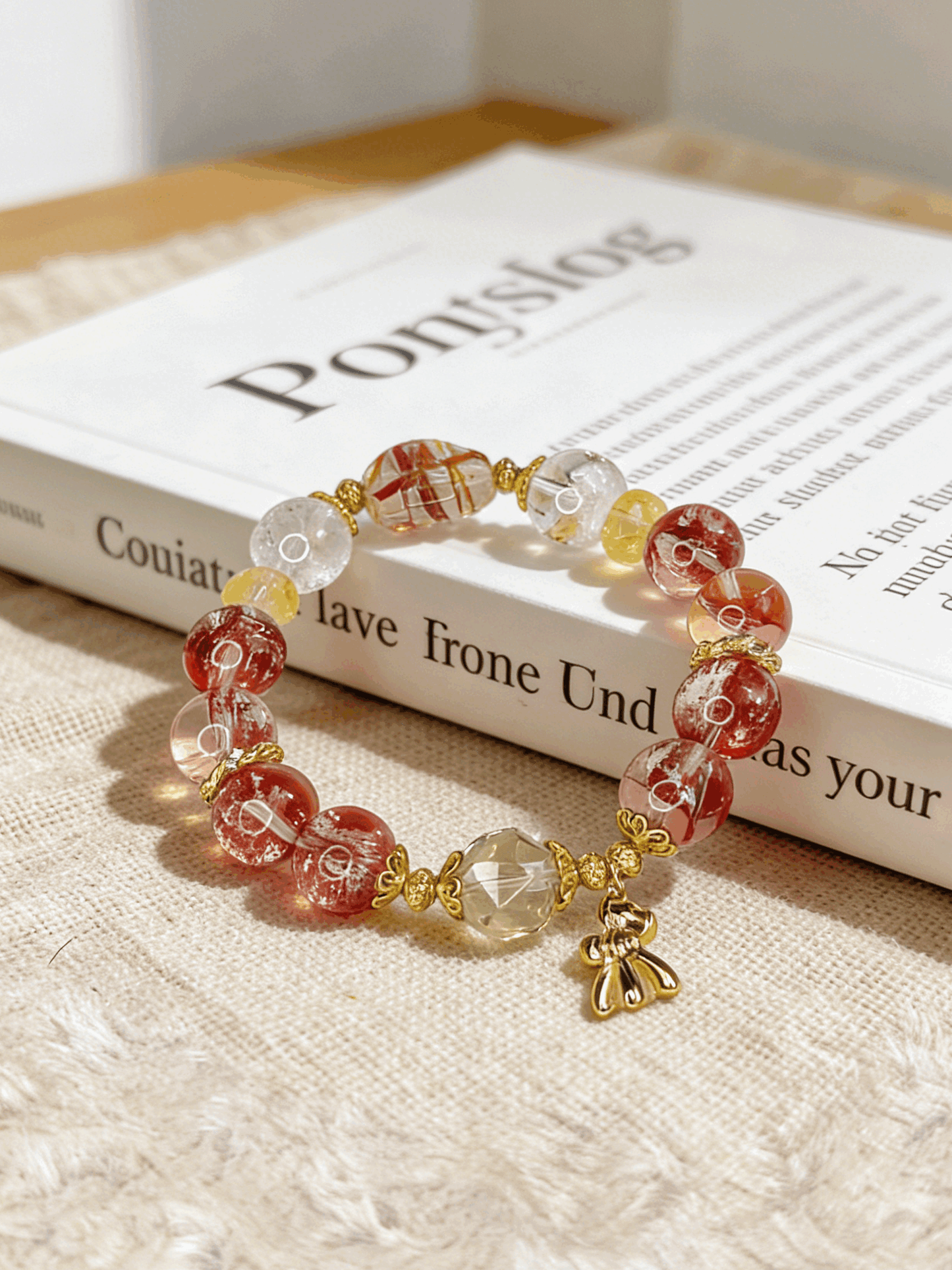 Natural Red Phantom Quartz Multi Stone Bracelet Gold Pony Charm Jewelry