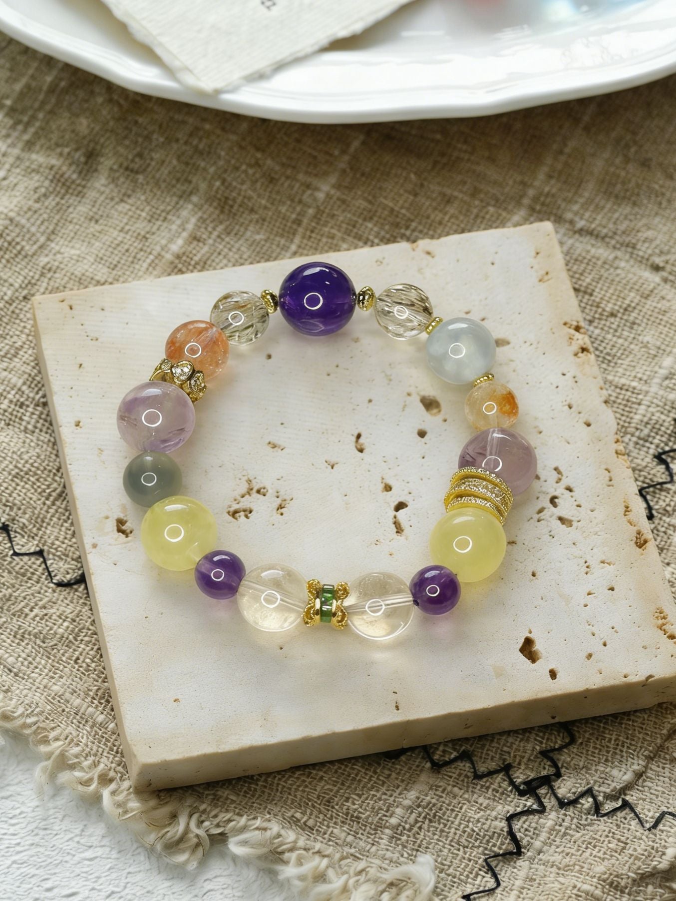 Purple Aura Natural Crystal Multi-Treasure Bracelet 8-14mm - 18K Gold Plated Silver Zircon | Luck & Prosperity