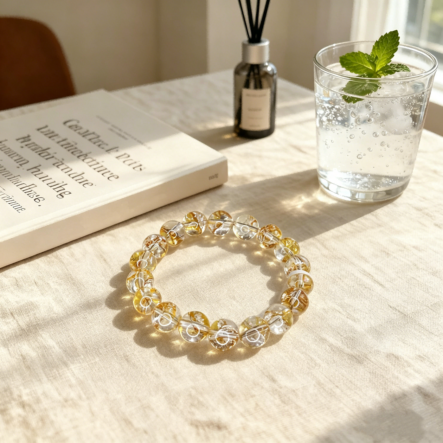 Natural Gold Foil Koi Yellow Phantom Crystal Bracelet | 11mm Large Bead Lucky Crystal Jewelry