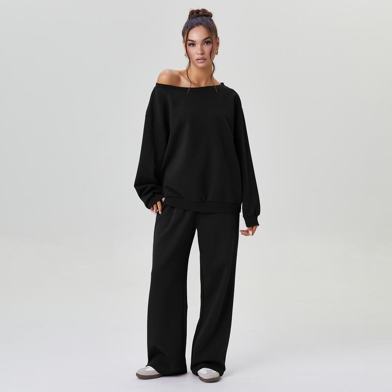 Women's Leisure Two Piece Outfits - Cozy Scoop Neck Sloping Shoulder Top & Wide Leg Trousers
