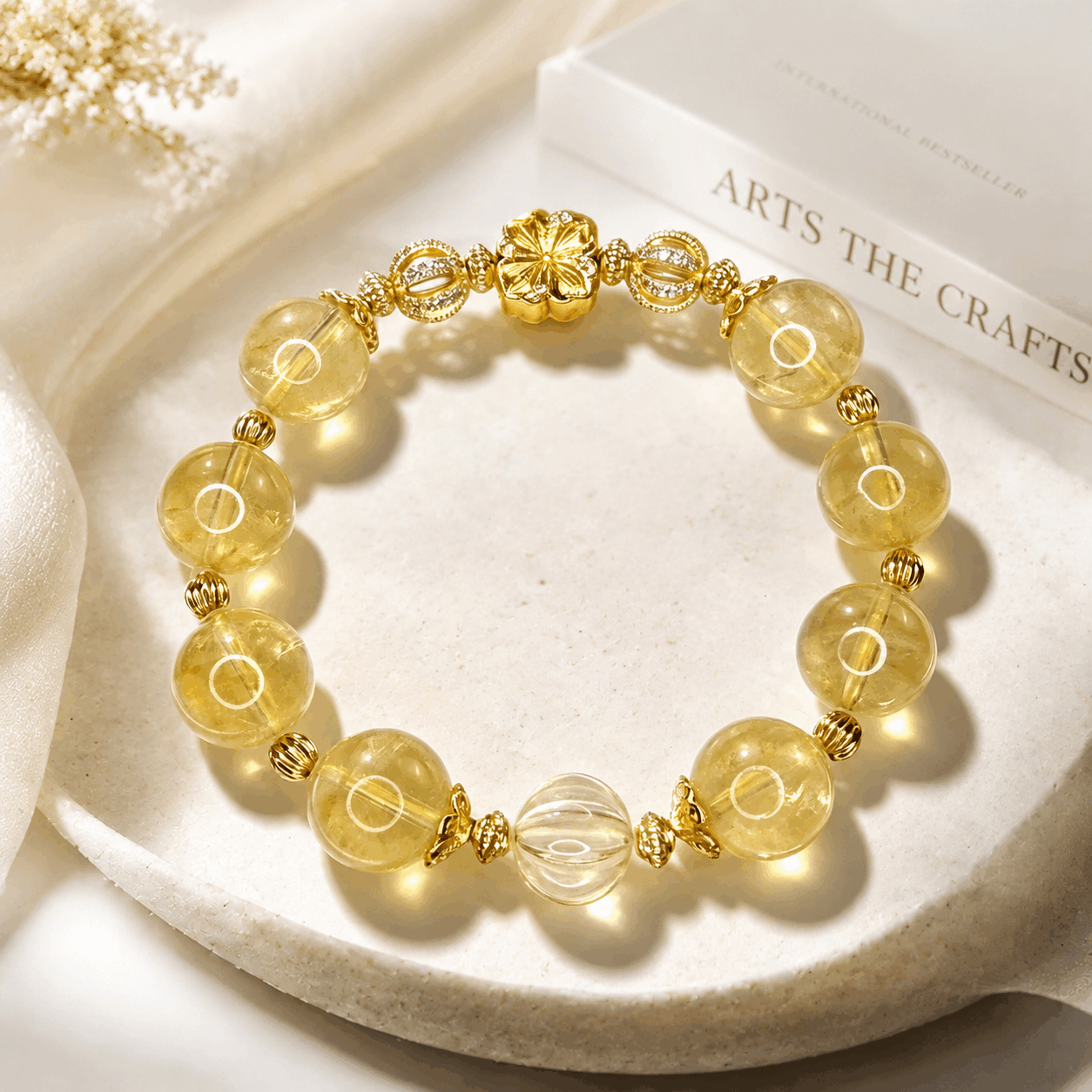 Natural Yellow Azeztulite Crystal Bracelet 12mm+ | Luxury Gold Plated Gemstone Bracelet with CZ Accents | Handmade Elegant Jewelry Gift for Women