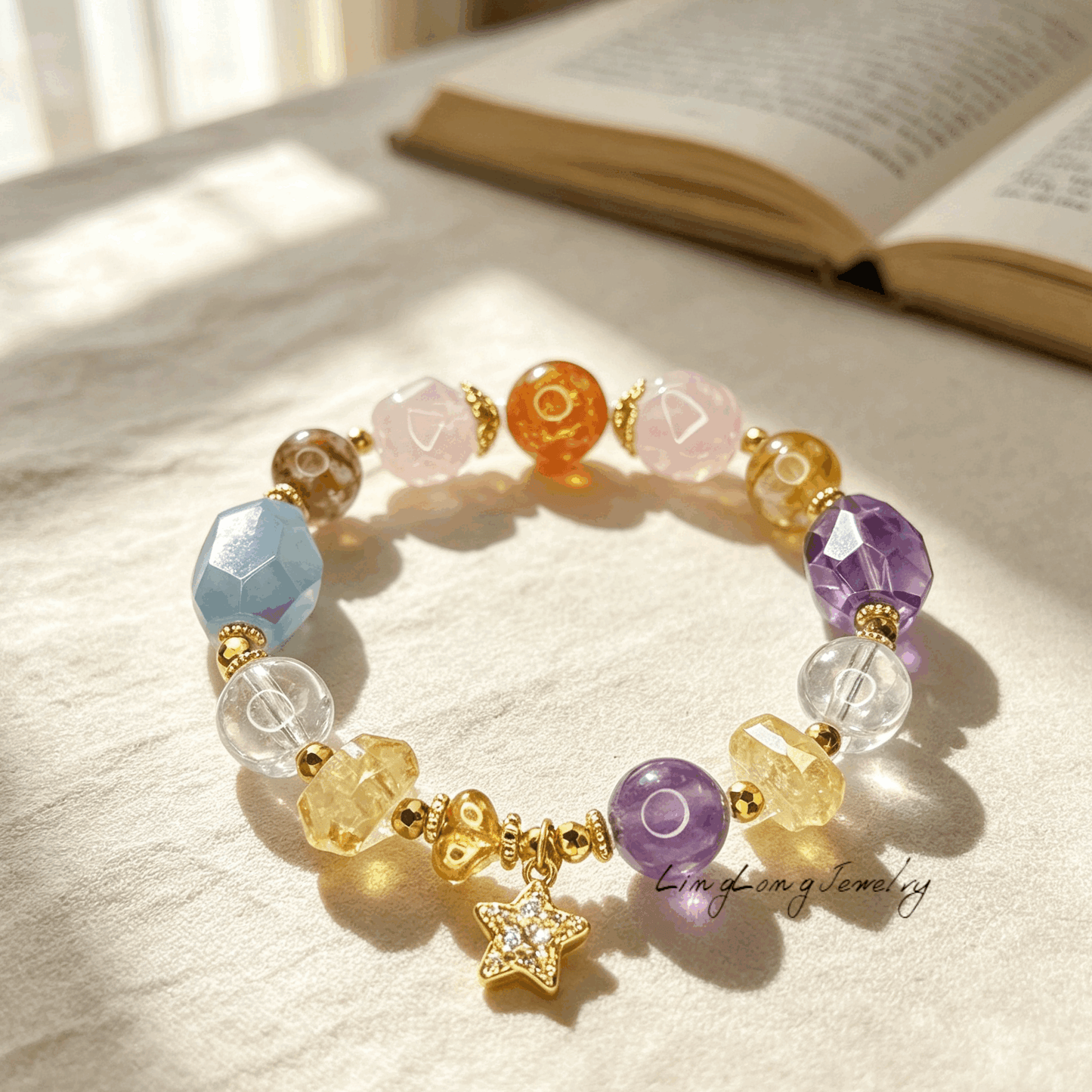 Natural Multi‑Gem Crystal Bracelet | Heritage Gold‑Wire Lacquer Bead Mother‑of‑Pearl Opal, S925 Silver Plated Real Gold Moissanite Beaded Bracelet for Women Gift
