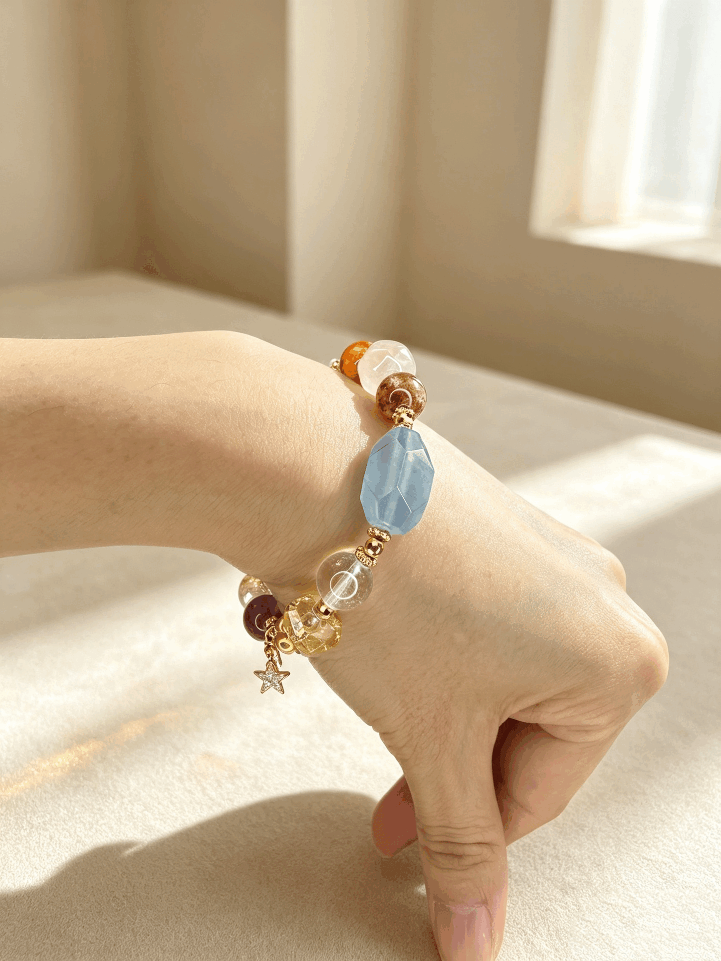 Natural Multi‑Gem Crystal Bracelet | Heritage Gold‑Wire Lacquer Bead Mother‑of‑Pearl Opal, S925 Silver Plated Real Gold Moissanite Beaded Bracelet for Women Gift