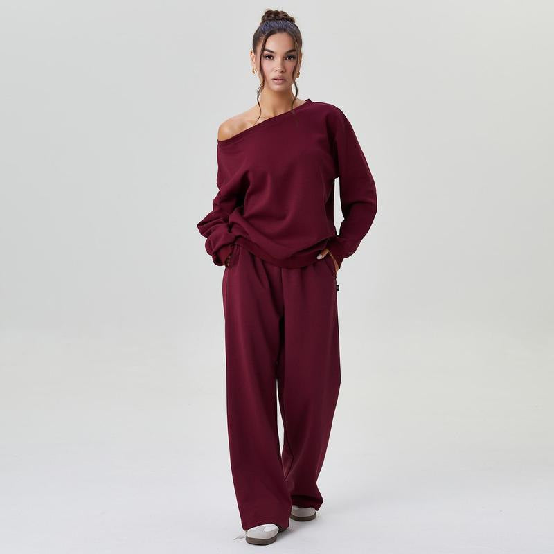 Women's Leisure Two Piece Outfits - Cozy Scoop Neck Sloping Shoulder Top & Wide Leg Trousers