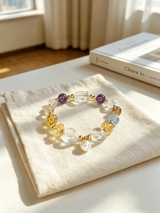 Natural Mixed Crystal Healing Bracelet 8–14mm White Phantom Aquamarine Citrine Jewelry with 18K Gold Clad Silver & Pearls