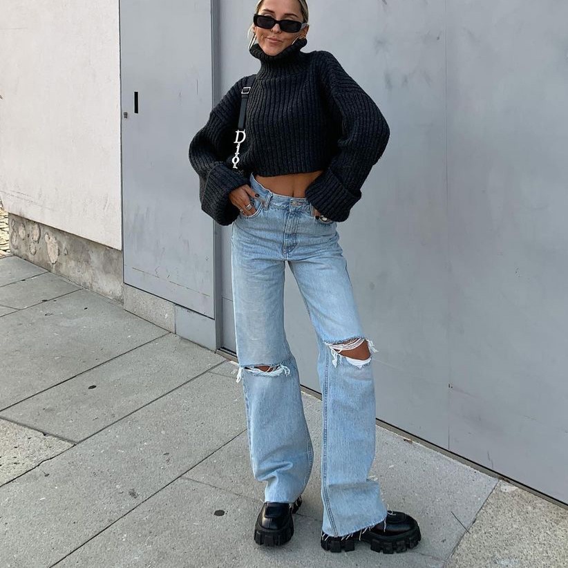 High Waisted Loose Double Knee Ripped Jeans Raw Edge Straight Trousers