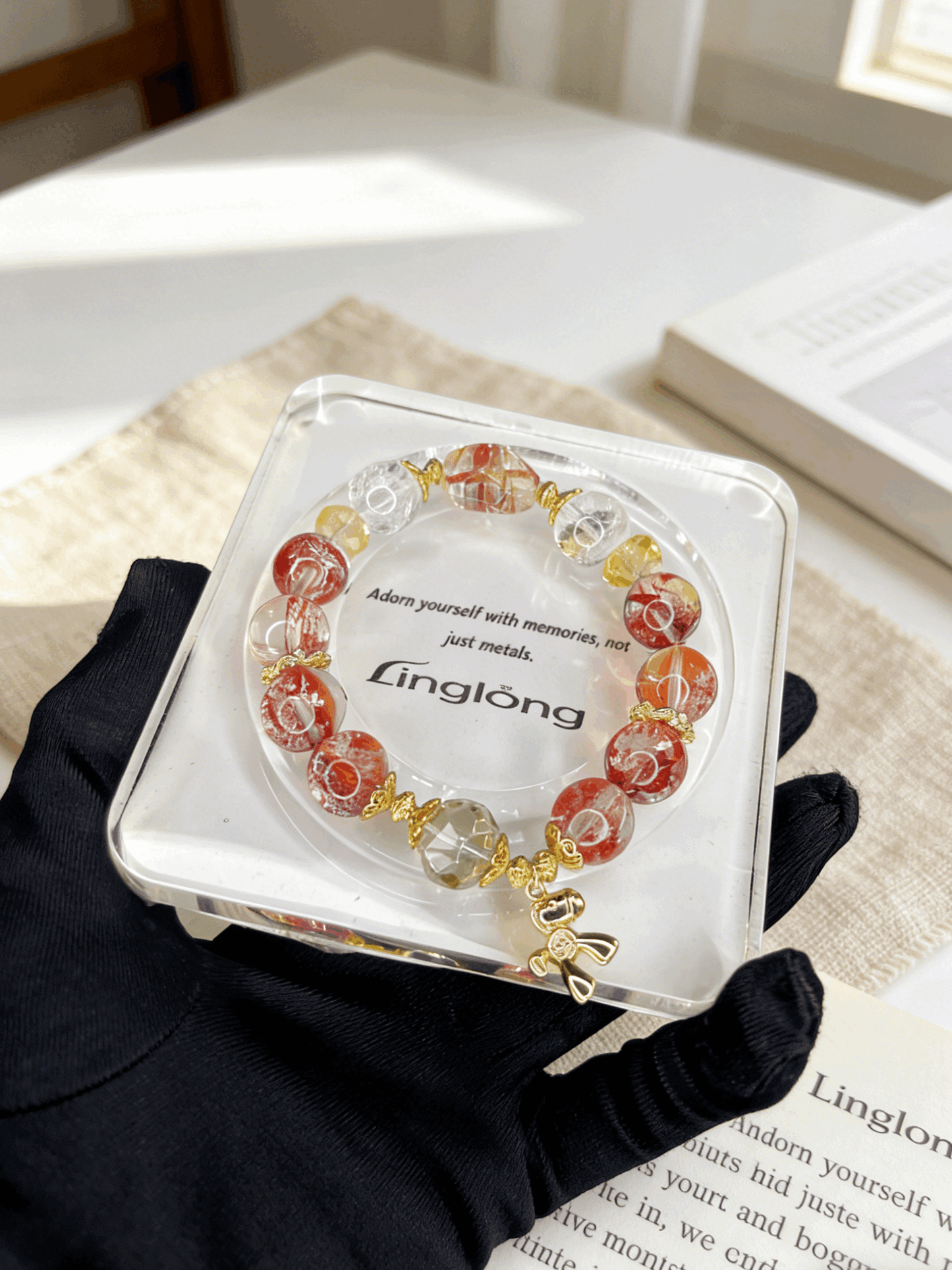 Natural Red Phantom Quartz Multi Stone Bracelet Gold Pony Charm Jewelry