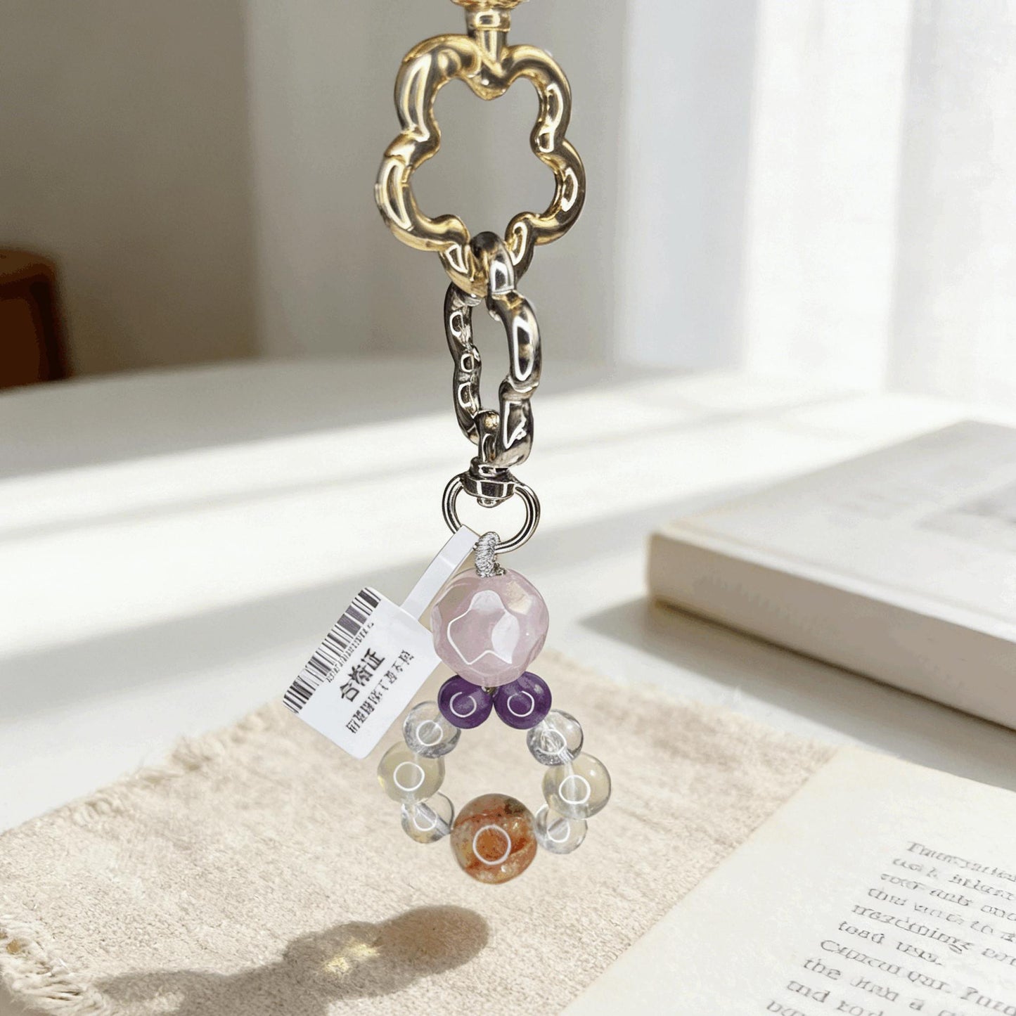 Natural Mixed Crystal Plum Blossom Keychain, Handmade Stone Bag Charm, Aesthetic Healing Crystal Pendant for Purse, Car & Phone Accessory