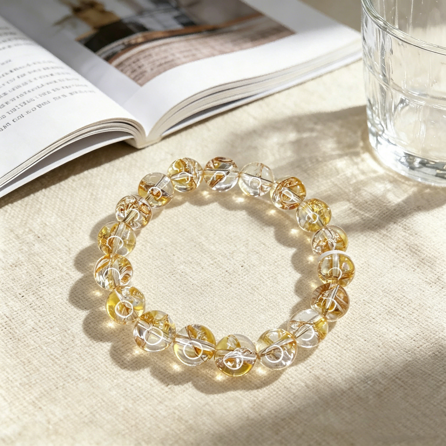 Natural Gold Foil Koi Yellow Phantom Crystal Bracelet | 11mm Large Bead Lucky Crystal Jewelry