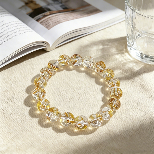 Natural Gold Foil Koi Yellow Phantom Crystal Bracelet | 11mm Large Bead Lucky Crystal Jewelry