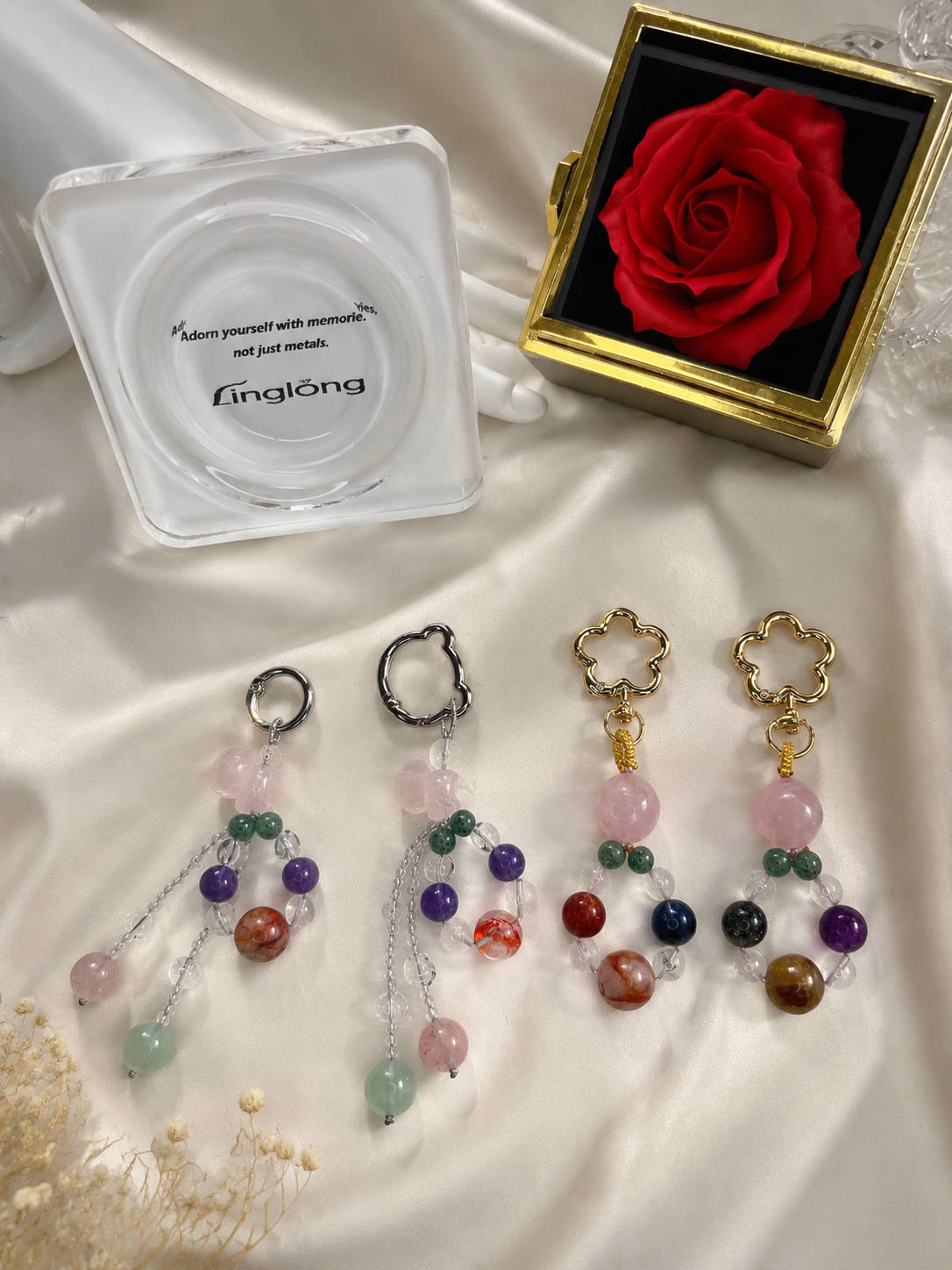 Natural Mixed Crystal Plum Blossom Keychain, Handmade Stone Bag Charm, Aesthetic Healing Crystal Pendant for Purse, Car & Phone Accessory