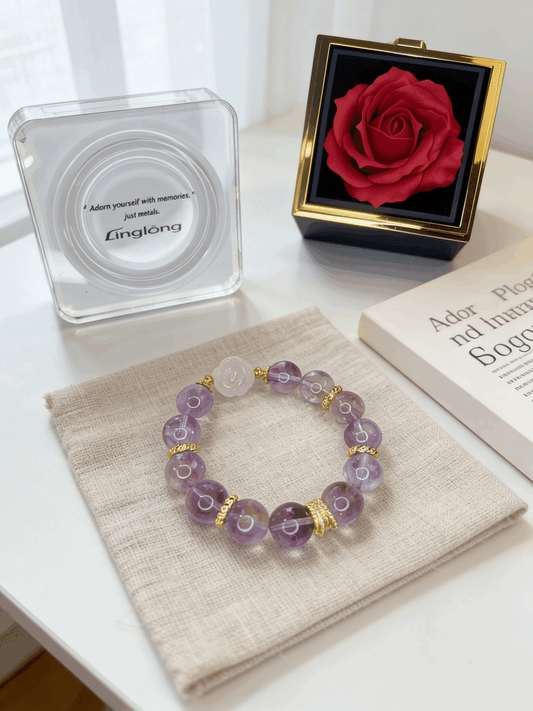 14-16mm Rainbow Lavender Amethyst Bracelet with Rose Quartz Fox Charm | 18K Gold Plated Crystal Jewelry
