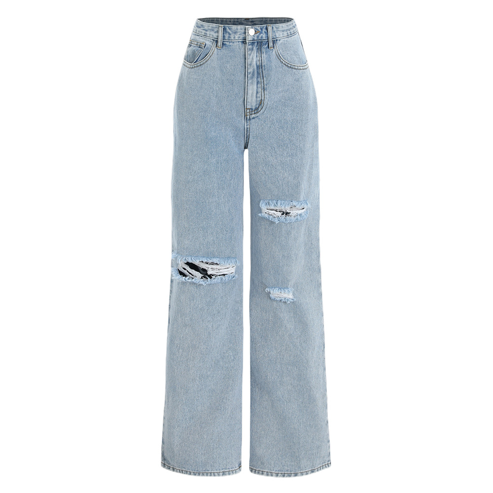 High Waisted Loose Double Knee Ripped Jeans Raw Edge Straight Trousers