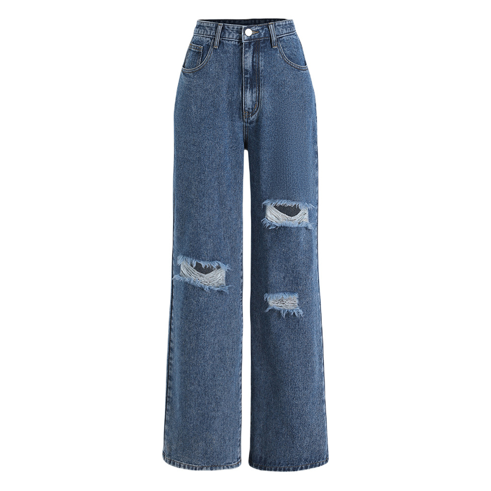 High Waisted Loose Double Knee Ripped Jeans Raw Edge Straight Trousers
