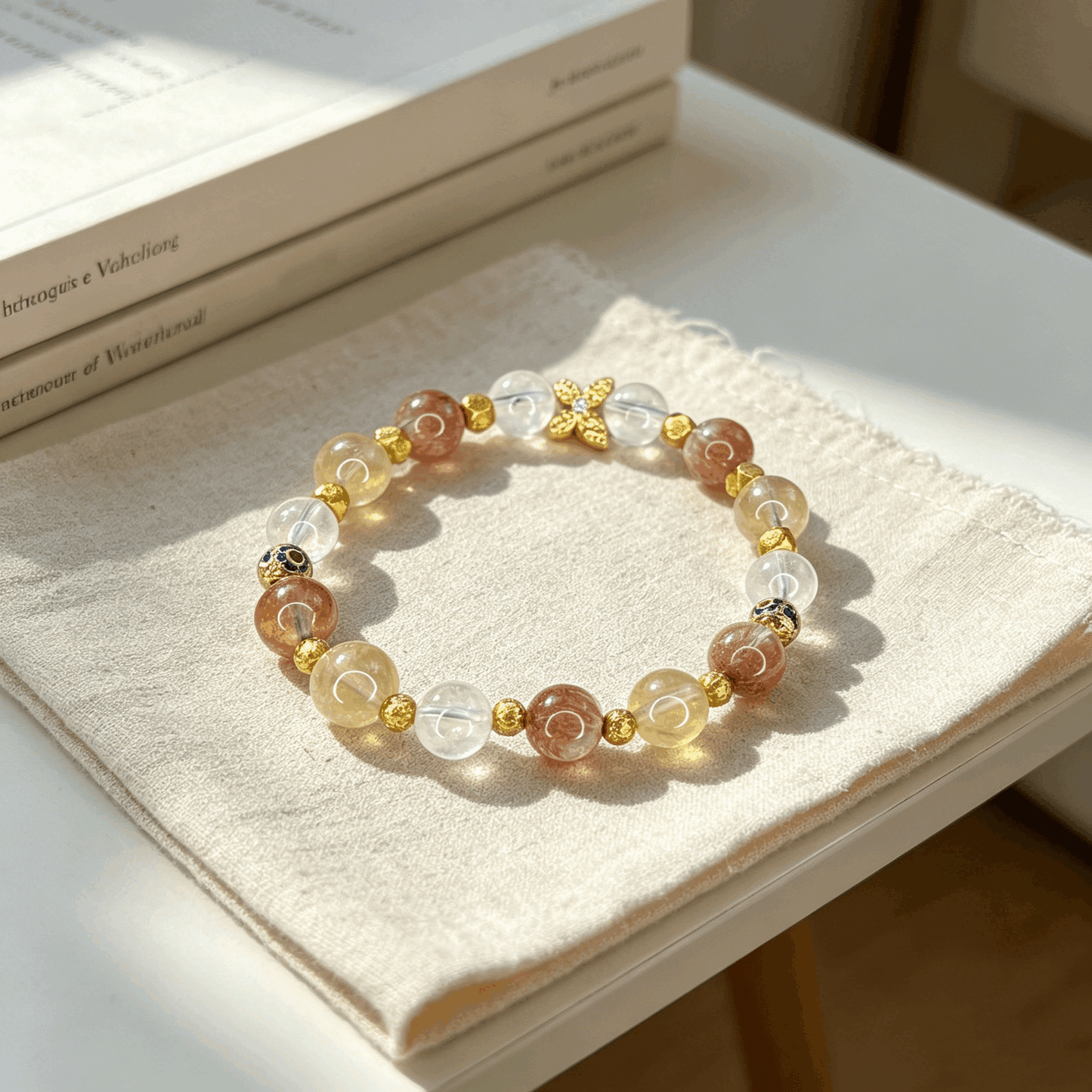Natural Crystal Bracelet for Women | Citrine Rose Quartz White Phantom Quartz Beaded Bracelet | Oriental Luxury Jewelry Gift