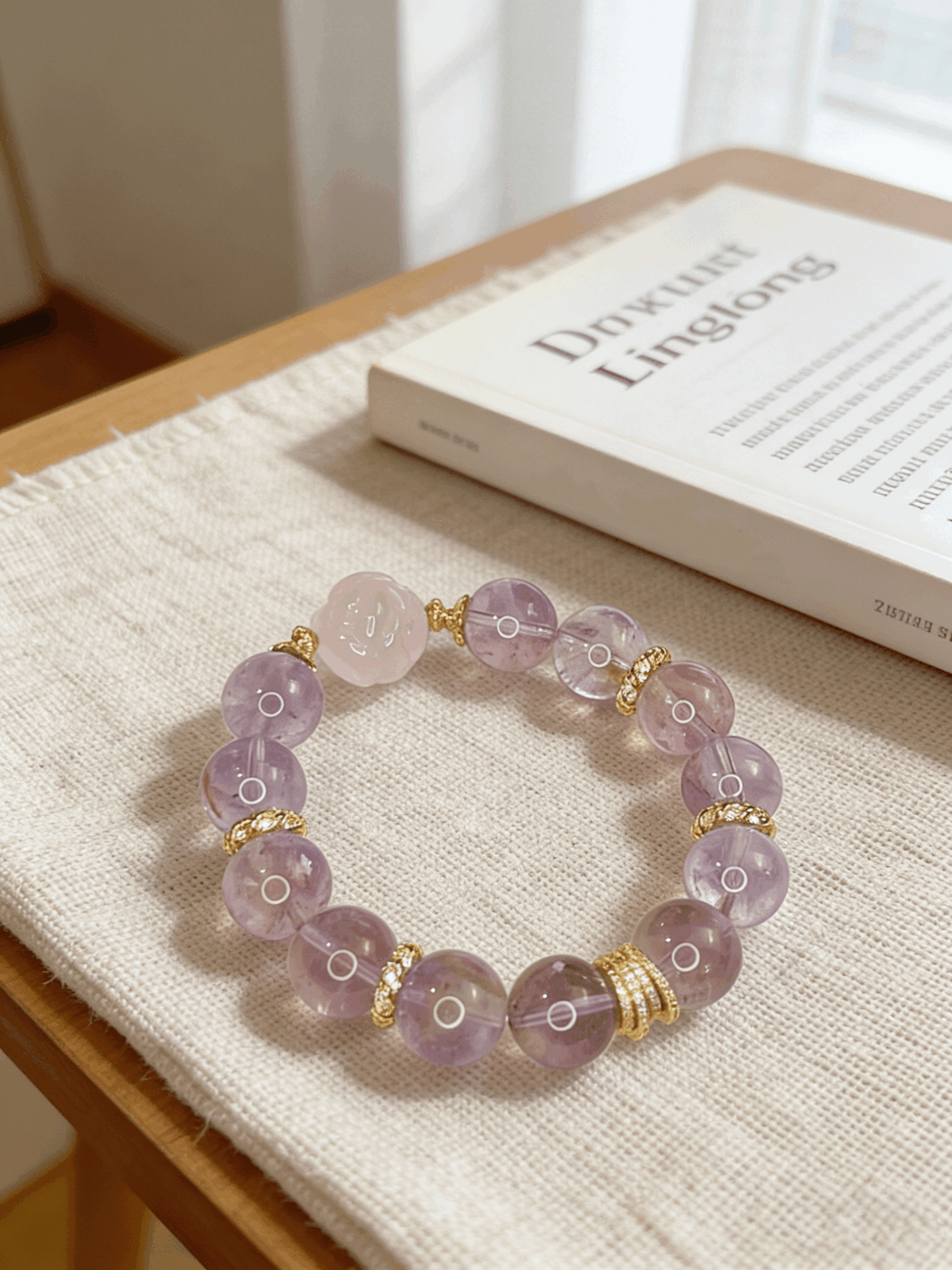 14-16mm Rainbow Lavender Amethyst Bracelet with Rose Quartz Fox Charm | 18K Gold Plated Crystal Jewelry