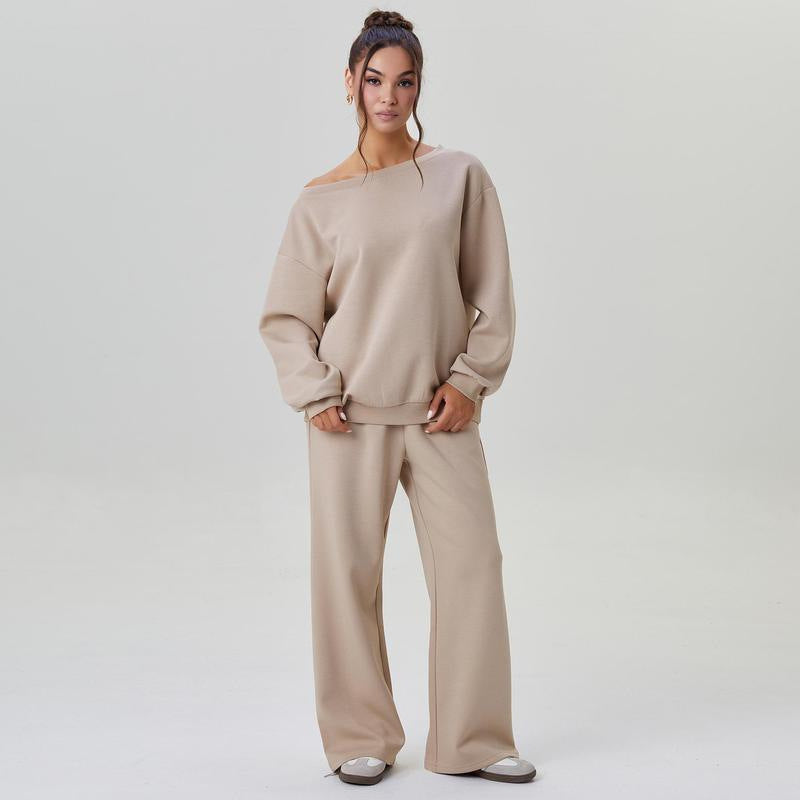 Women's Leisure Two Piece Outfits - Cozy Scoop Neck Sloping Shoulder Top & Wide Leg Trousers