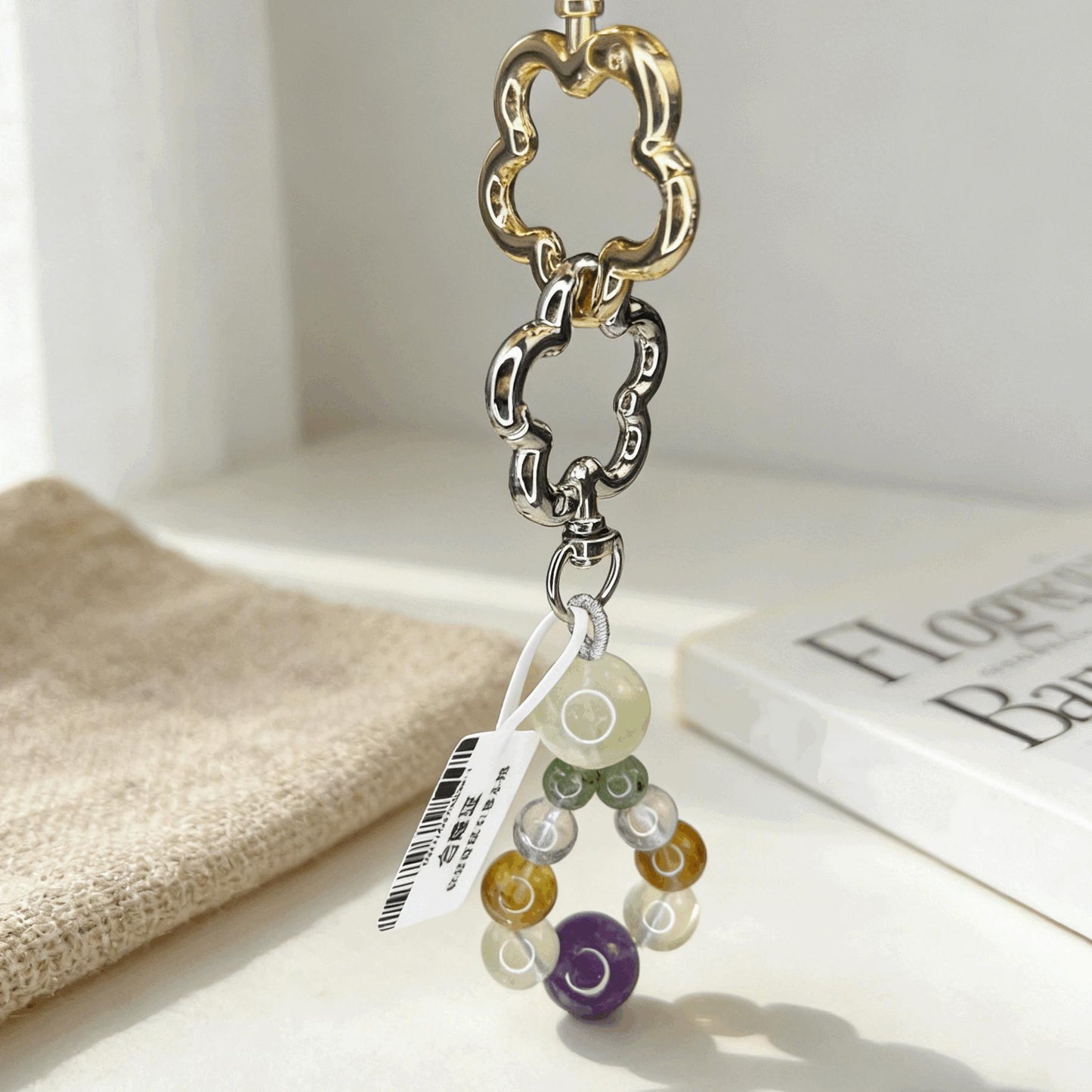 Natural Mixed Crystal Plum Blossom Keychain, Handmade Stone Bag Charm, Aesthetic Healing Crystal Pendant for Purse, Car & Phone Accessory