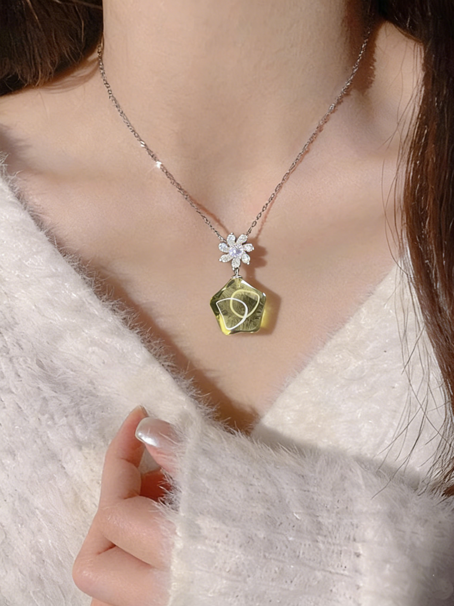 Natural Starlight Citrine Necklace 15mm Star Cut Crystal Pendant Platinum Plated Sterling Silver Jewelry