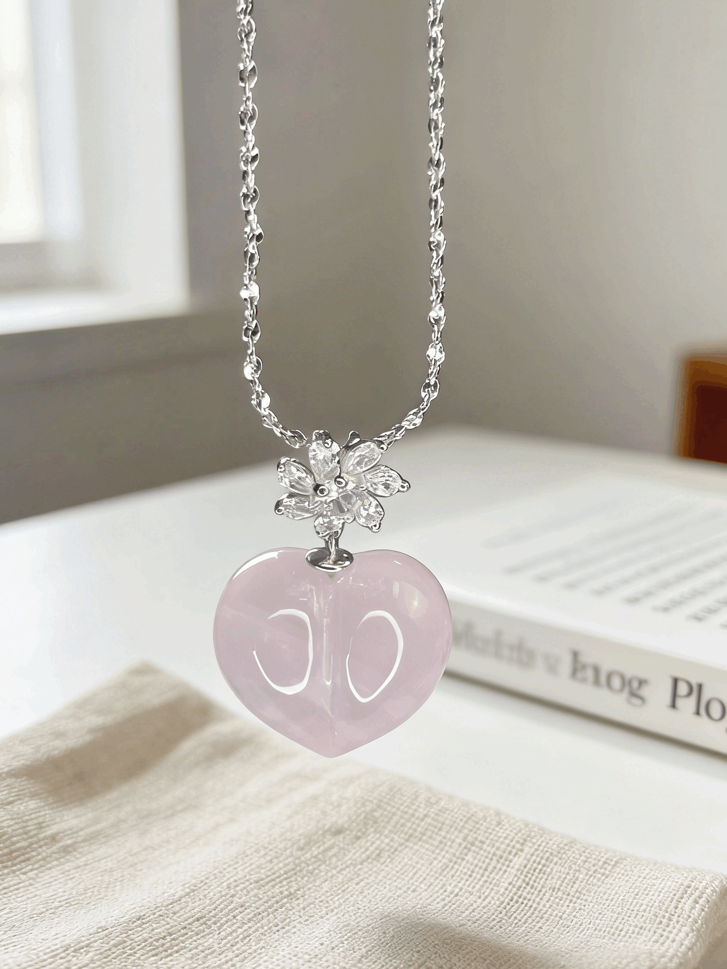 Misty Pink Starlight Natural Rose Quartz Heart Necklace