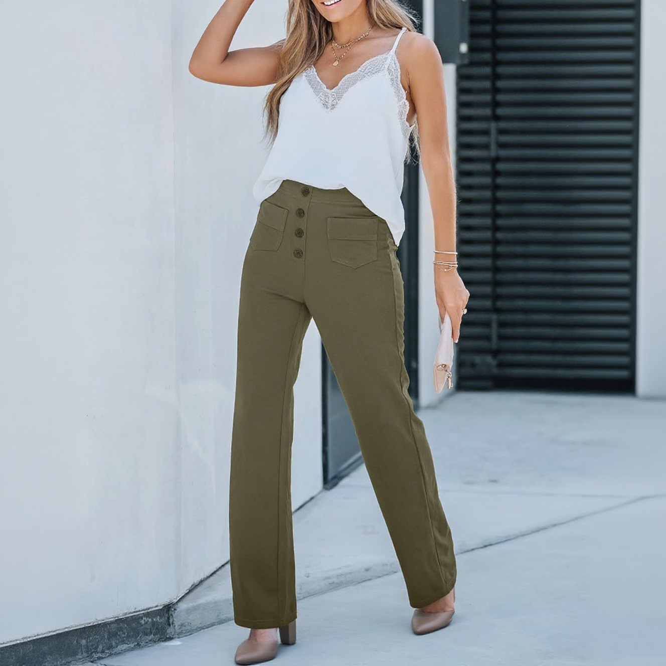 High Waisted Button Multiple Pockets Straight Leg Casual Pants