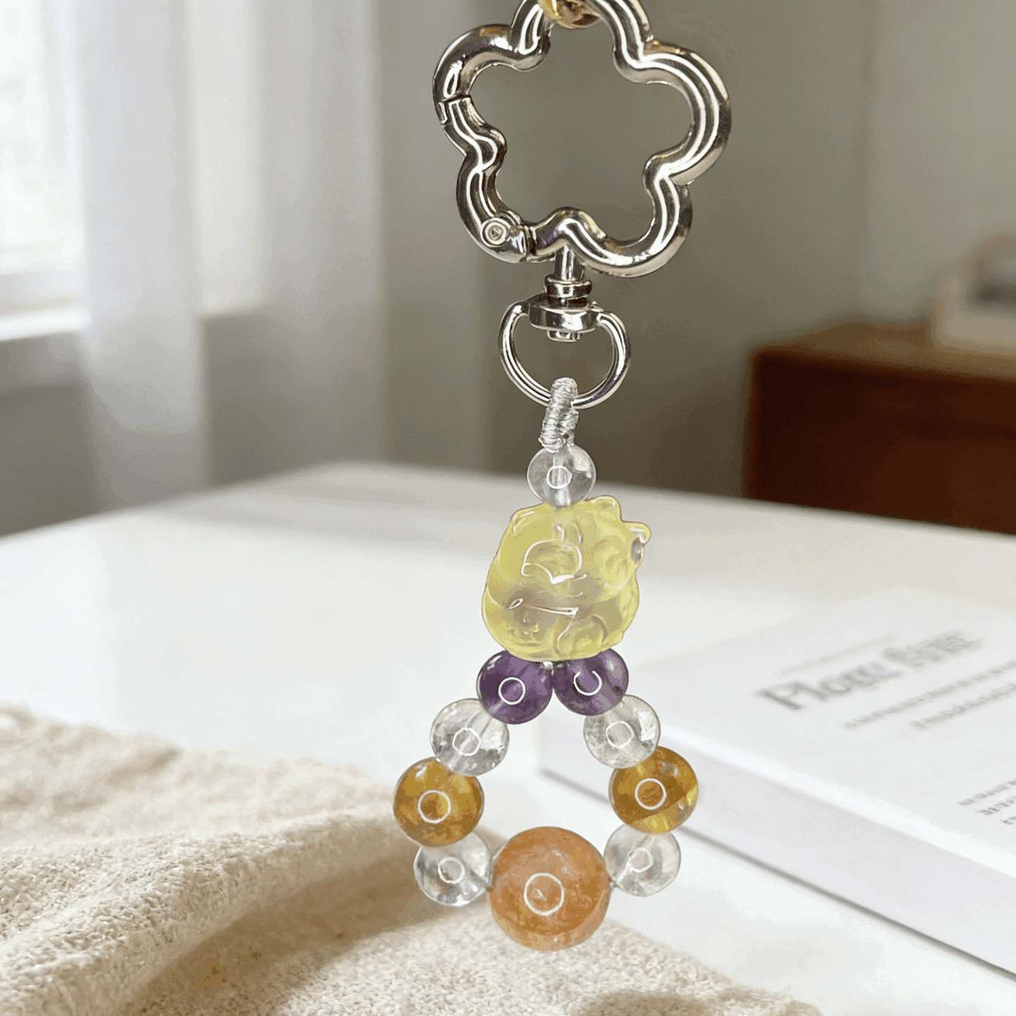 Natural Mixed Crystal Plum Blossom Keychain, Handmade Stone Bag Charm, Aesthetic Healing Crystal Pendant for Purse, Car & Phone Accessory