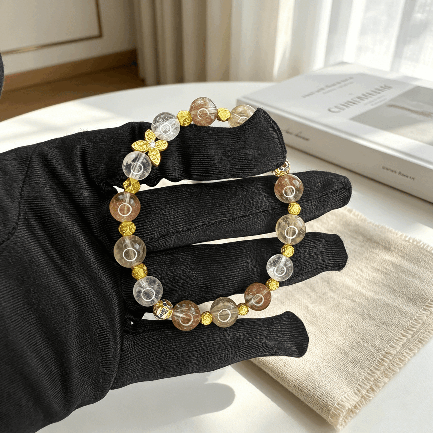 Natural Crystal Bracelet for Women | Citrine Rose Quartz White Phantom Quartz Beaded Bracelet | Oriental Luxury Jewelry Gift
