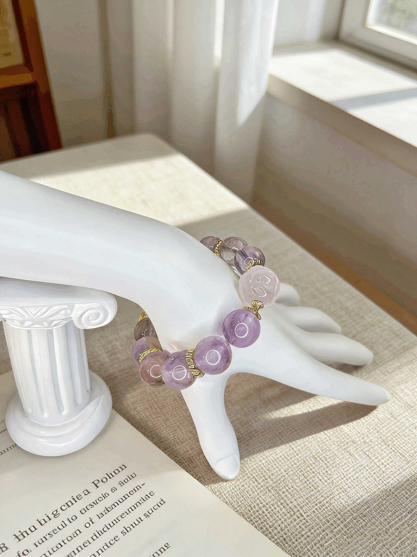 14-16mm Rainbow Lavender Amethyst Bracelet with Rose Quartz Fox Charm | 18K Gold Plated Crystal Jewelry