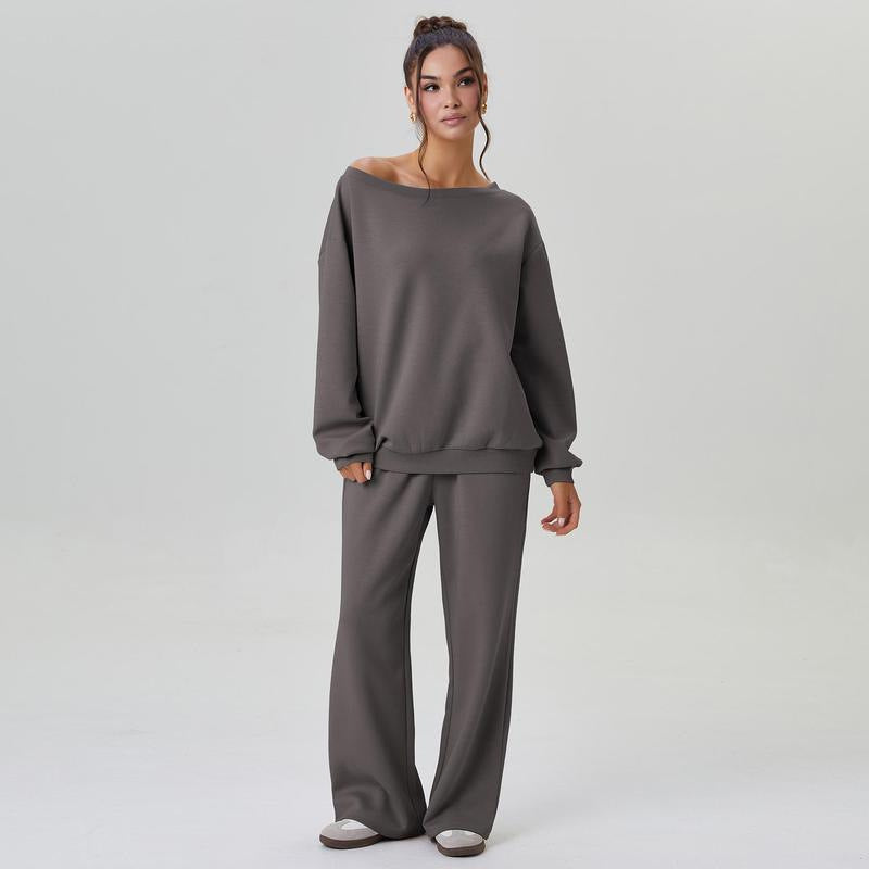 Women's Leisure Two Piece Outfits - Cozy Scoop Neck Sloping Shoulder Top & Wide Leg Trousers