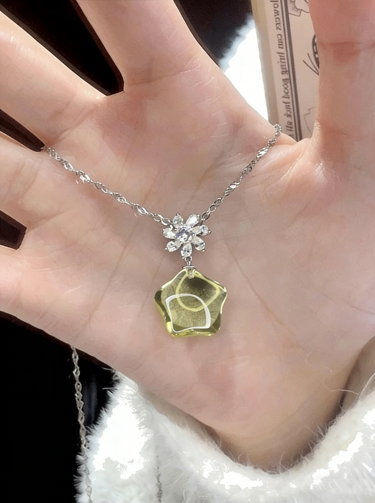 Natural Starlight Citrine Necklace 15mm Star Cut Crystal Pendant Platinum Plated Sterling Silver Jewelry