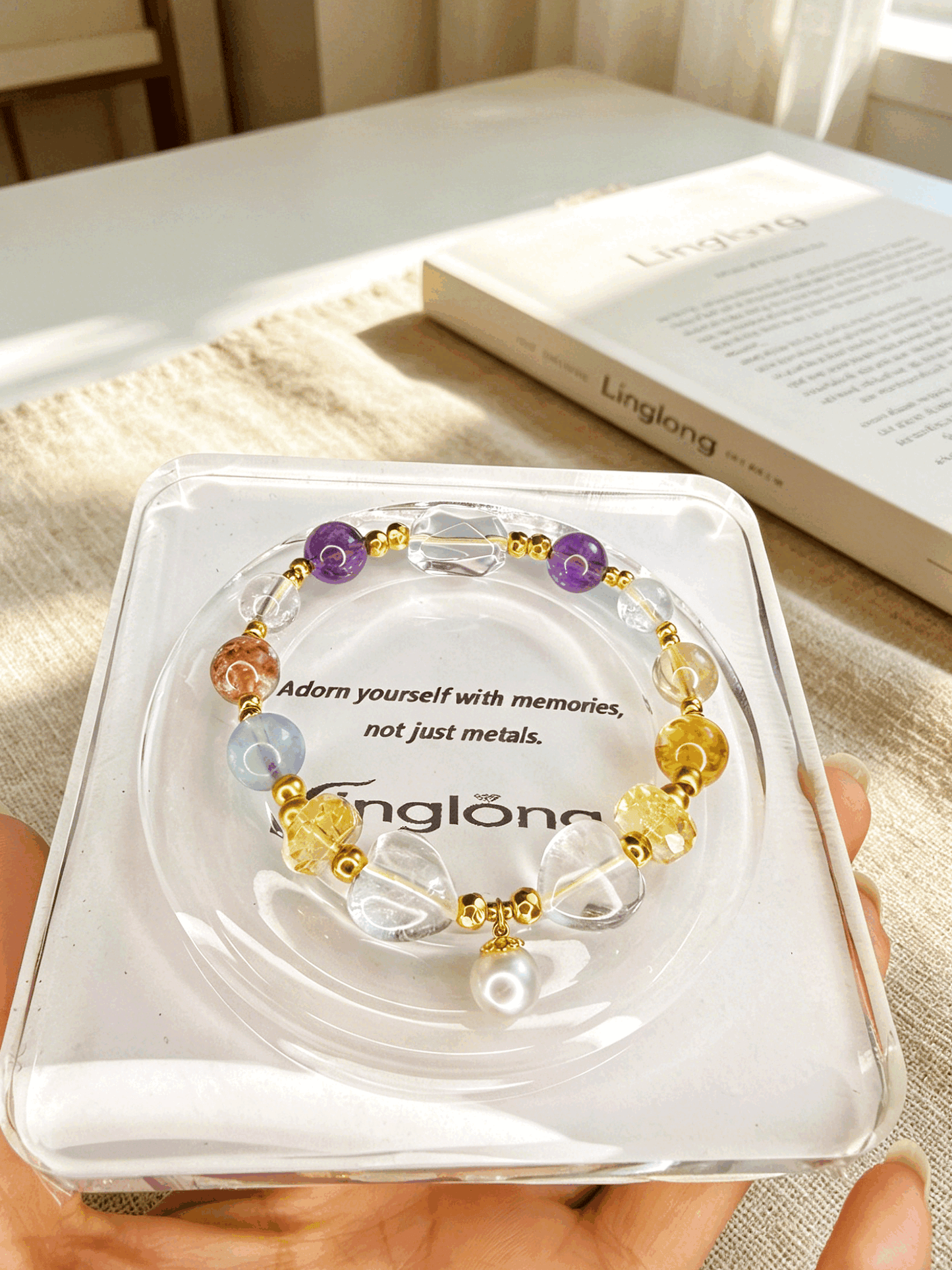 Natural Mixed Crystal Healing Bracelet 8–14mm White Phantom Aquamarine Citrine Jewelry with 18K Gold Clad Silver & Pearls