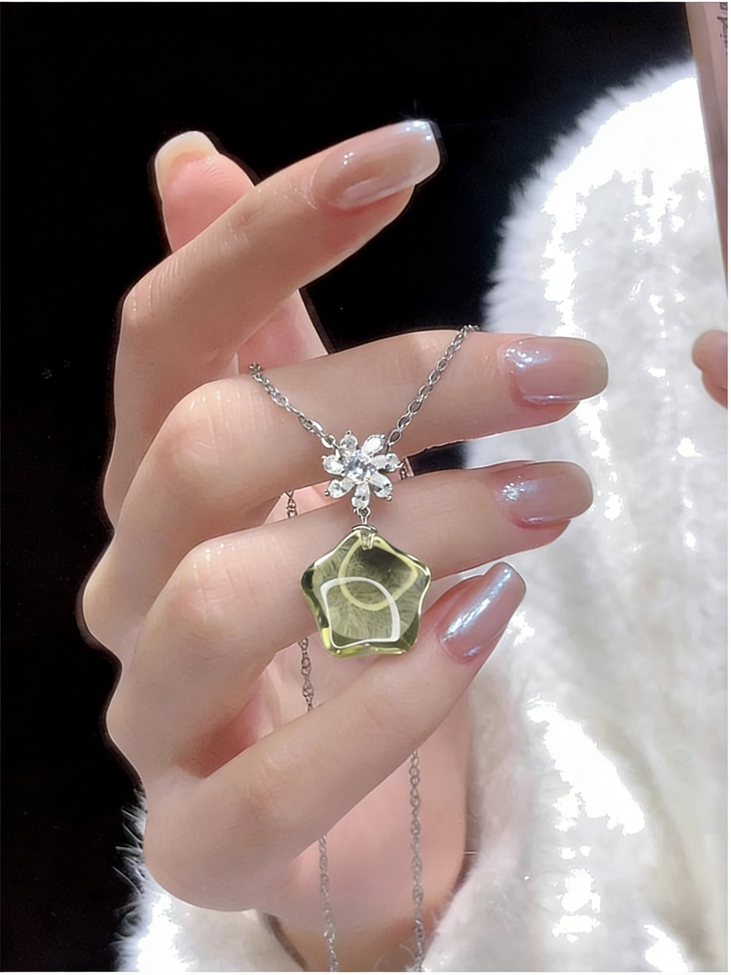 Natural Starlight Citrine Necklace 15mm Star Cut Crystal Pendant Platinum Plated Sterling Silver Jewelry