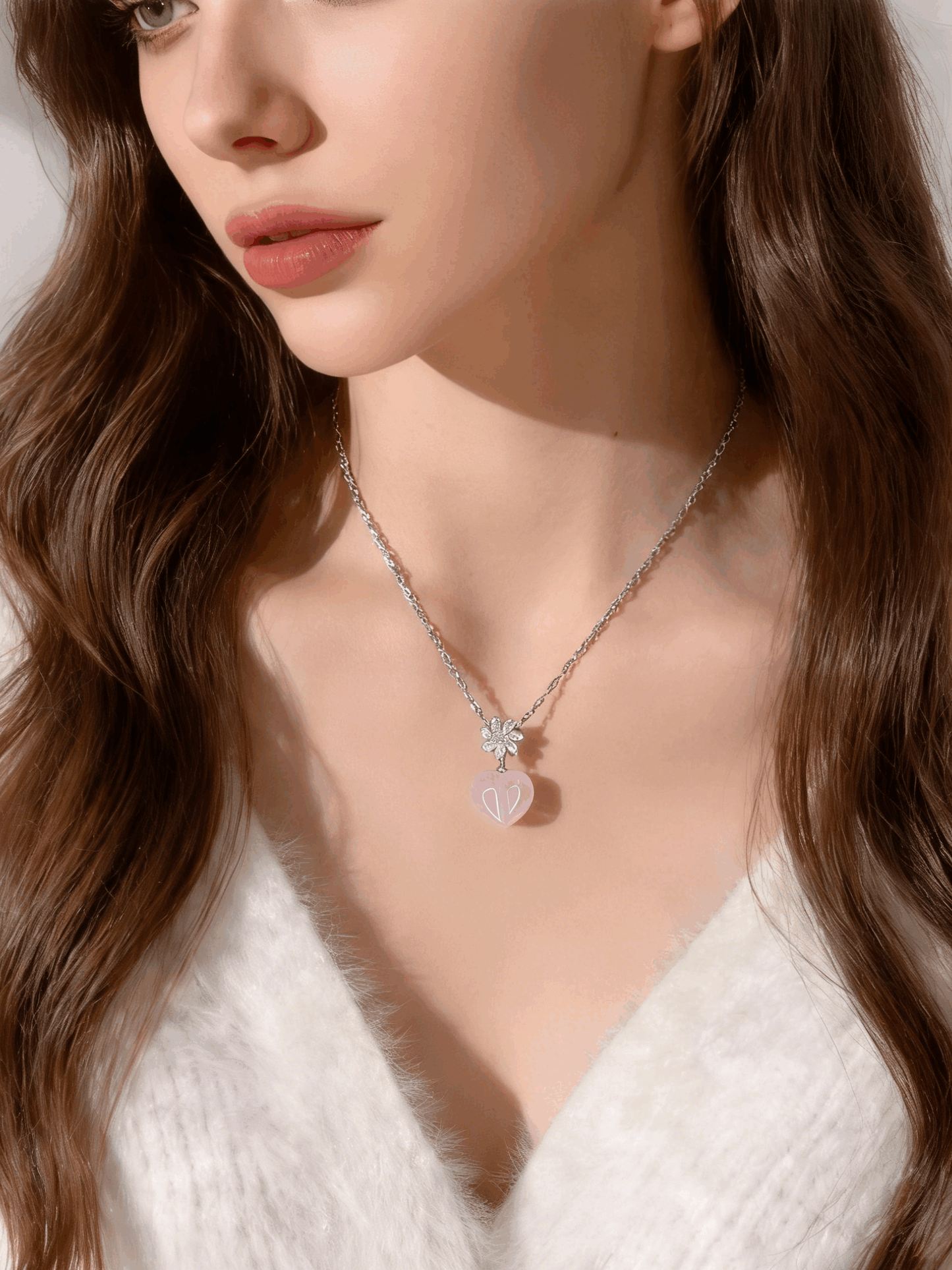 Misty Pink Starlight Natural Rose Quartz Heart Necklace
