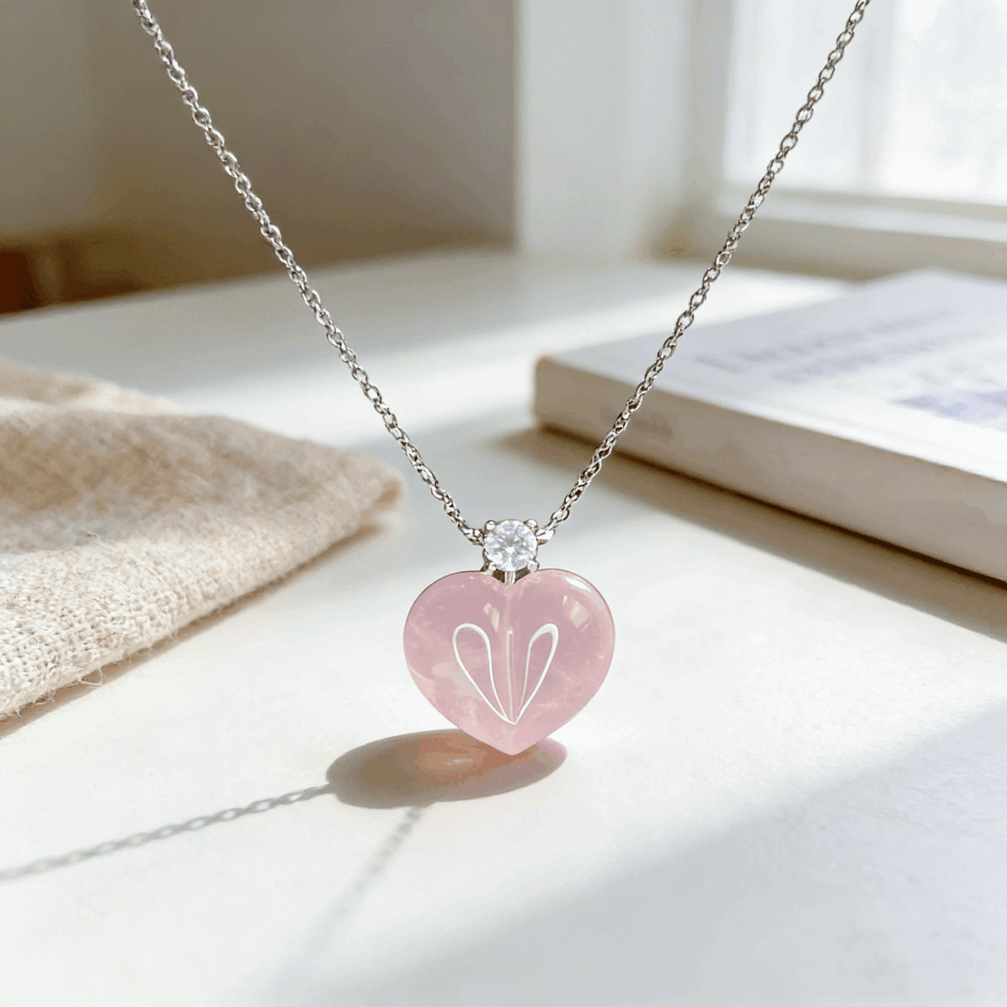 Blush Rose Quartz Heart Pendant Necklace - 990 Sterling Silver Plated with CZ Accent, Dainty Everyday Jewelry for Women