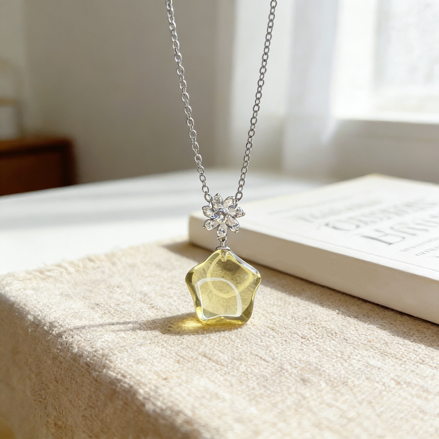 Natural Starlight Citrine Necklace 15mm Star Cut Crystal Pendant Platinum Plated Sterling Silver Jewelry