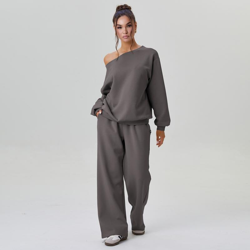 Women's Leisure Two Piece Outfits - Cozy Scoop Neck Sloping Shoulder Top & Wide Leg Trousers