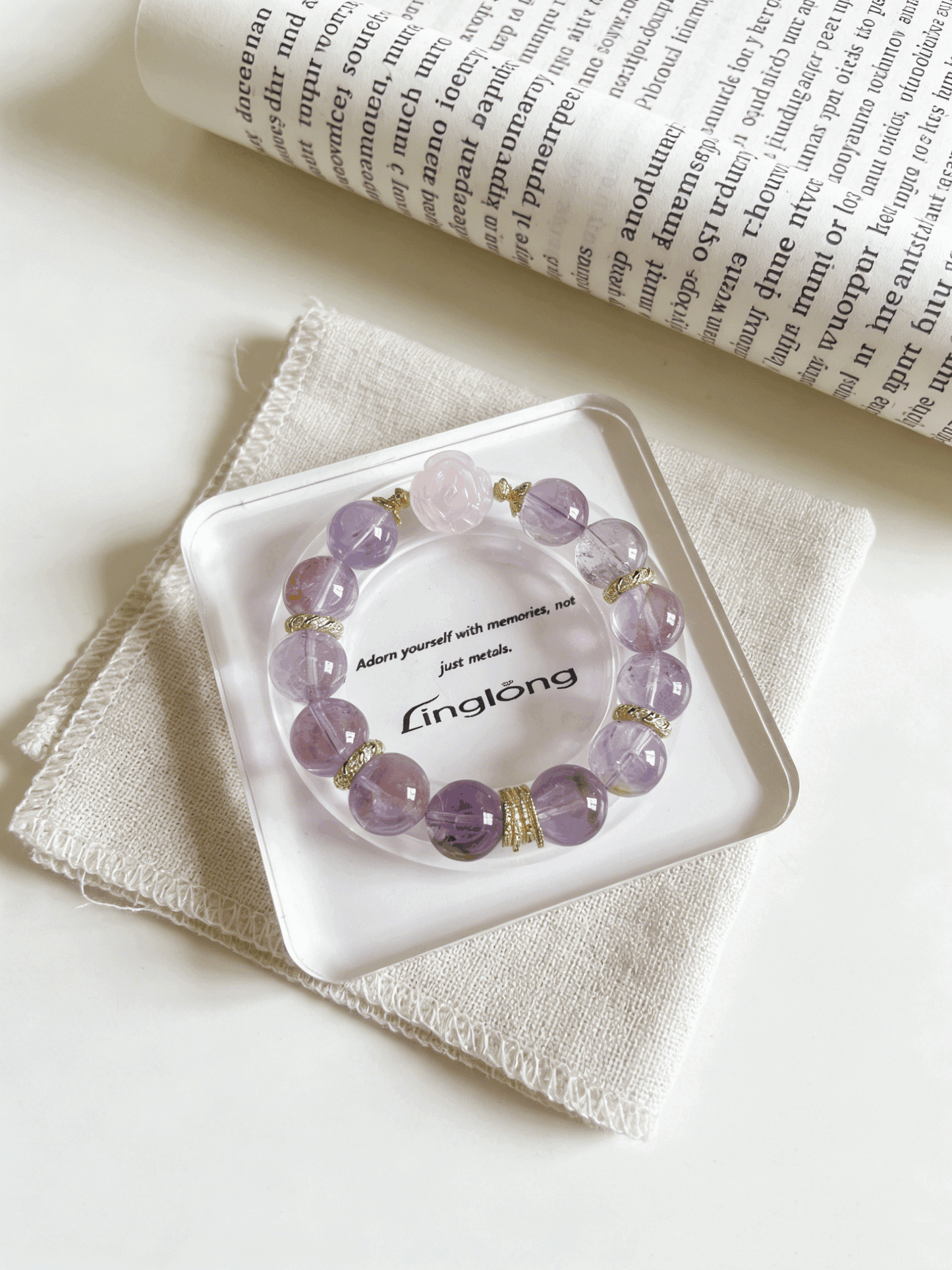 14-16mm Rainbow Lavender Amethyst Bracelet with Rose Quartz Fox Charm | 18K Gold Plated Crystal Jewelry