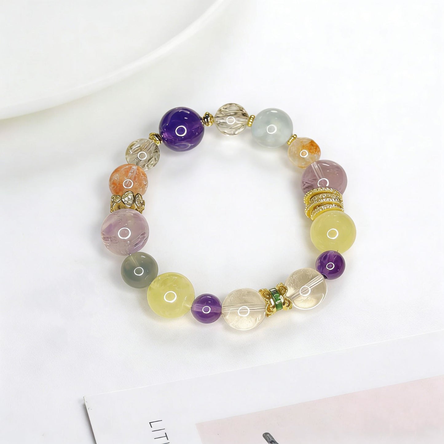 Purple Aura Natural Crystal Multi-Treasure Bracelet 8-14mm - 18K Gold Plated Silver Zircon | Luck & Prosperity