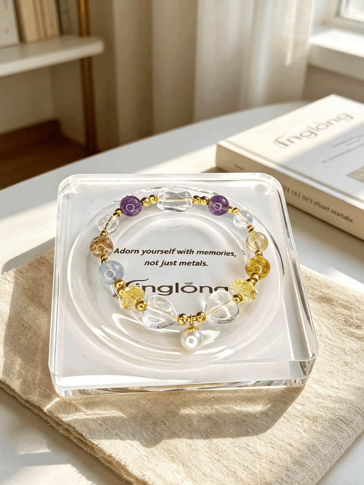 Natural Mixed Crystal Healing Bracelet 8–14mm White Phantom Aquamarine Citrine Jewelry with 18K Gold Clad Silver & Pearls